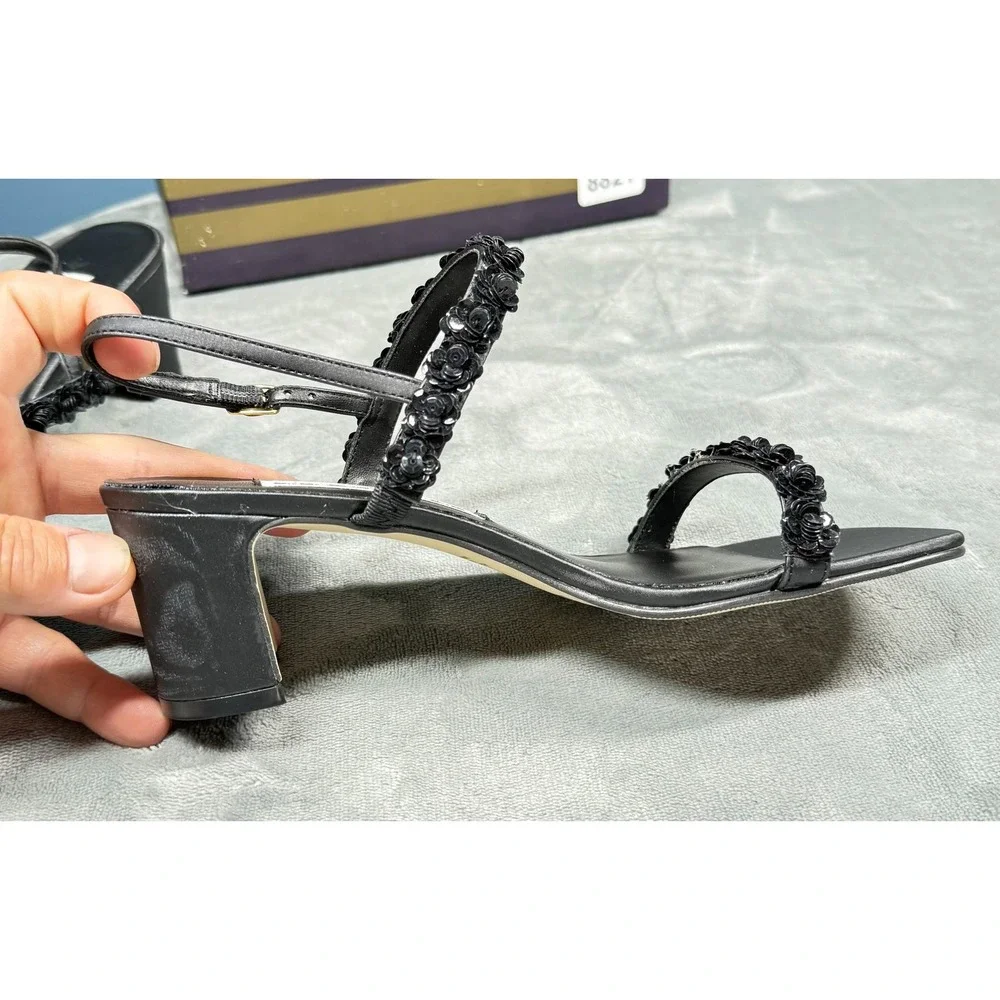 Transit New York Womens 7M Black Sequin Floral Sandals Block Heel